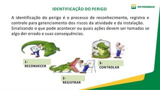IDENTIFICAÇÃO DO PERIGO
A identificação do perigo é o processo de reconhecimento, registro e
controle para gerenciamento dos riscos da atividade e da instalação.
Sinalizando o que pode acontecer ou quais ações devem ser tomadas se
algo der errado e suas consequências.
1-
RECONHECER
2-
REGISTRAR
3-
CONTROLAR
 