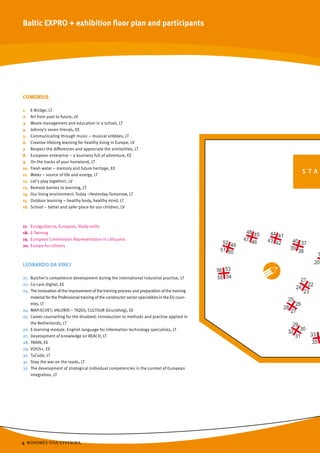 Baltic EXPRO + exhibition floor plan and participants




COMEnIuS

1.    E­Bridge, LT
2.    Art from past to future, LV
3.    Waste management and education in a school, LT
4.    Johnny‘s seven friends, EE
5.    Communicating through music – musical sribbles, LT
6.    Creative lifelong learning for healthy living in Europe, LV
7.    Respect the differences and appreciate the similarities, LT
8.    European enterprise – a business full of adventure, EE
9.    On the tracks of your homeland, LT
10.   Fresh water – memory and future heritage, EE
11.   Water – source of life and energy, LT
                                                                                                    STA
12.   Let’s play together!, LV
13.   Remove barries to learning, LT
14.   Our living environment: Today –Yesterday­Tomorrow, LT
15.   Outdoor learning – healthy body, healthy mind, LT
16.   School – better and safer place for our children, LV



17.   Euroguidance, Europass, Study visits
18.   E­Twining
19.   European Commission Representation in Lithuania
20.   Europe for citizens



LEOnARdO dA VInCI

21. Butcher‘s competence development during the international industrial practise, LT
22. Co­care digital, EE
23. The innovation of the improvement of the training process and preparation of the training
    material for the Professional training of the constructor sector specialities in the EU coun­
    tries, LT
24. MAP:ECVET; VALORIS – TIQSS; CULTOUR (Grundtvig), EE
25. Career counselling for the disabled: introduction to methods and practise applied in
    the Netherlands, LT
26. E­learning module. English language for information technology specialists, LT
27. Development of knowledge on REACH, LT
28. TRAIN, EE
29. VOGS+, EE
30. TuCode, LT
31. Stop the war on the roads, LT
32. The development of strategical individual competencies in the context of European
    integration, LT




 MOKOMĖS VISĄ GYVENIMĄ
 