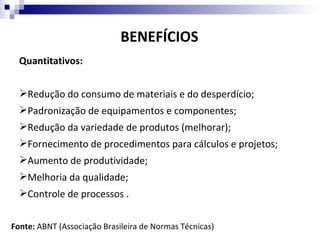 BENEFÍCIOS
  Quantitativos:


  Redução do consumo de materiais e do desperdício;
  Padronização de equipamentos e componentes;
  Redução da variedade de produtos (melhorar);
  Fornecimento de procedimentos para cálculos e projetos;
  Aumento de produtividade;
  Melhoria da qualidade;
  Controle de processos .


Fonte: ABNT (Associação Brasileira de Normas Técnicas)
 