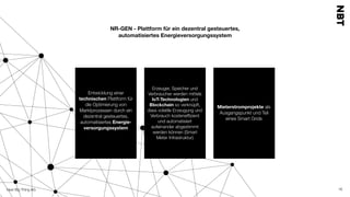 Next Big Thing AG 16
NR-GEN - Plattform für ein dezentral gesteuertes,  
automatisiertes Energieversorgungssystem
Entwicklung einer
technischen Plattform für
die Optimierung von
Marktprozessen durch ein
dezentral gesteuertes,
automatisiertes Energie-
versorgungssystem
Erzeuger, Speicher und
Verbraucher werden mittels
IoT-Technologien und
Blockchain so verknüpft,
dass volatile Erzeugung und
Verbrauch kostenefﬁzient
und automatisiert
aufeinander abgestimmt
werden können (Smart
Meter Infrastruktur)
Mieterstromprojekte als
Ausgangspunkt und Teil
eines Smart Grids
 