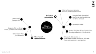 Next Big Thing AG 8
Dynamische Preise
Verbesserte Datenbanken um
Ungleichgewichte auf Distributions- und /oder
Transmissionsnetzebene auszugleichen
Efﬁziente Ressourcenallokation
zwischen einzelnen Marktakteuren
Energiehandelsunternehmen
übernehmen die Koordinierung
von Smart ContractsPeer-to-peer
Energiehandel
Steigende Zahl von Smart
Devices, die miteinander handeln
Sinkende Zeit-Preis
pro Transaktion
Warum
Blockchain?
Direkte vertragliche Beziehungen zwischen
Energieproduzenten und Konsumenten
Was erfordert
Dezentralisierung
Ermöglicht
Funktionalität
 