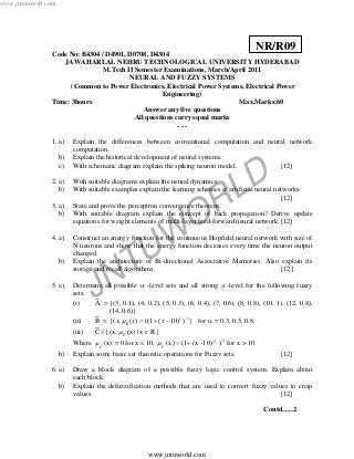 JNTUW
ORLD
Code No: B4304 / D4901, D0708, D4304
JAWAHARLAL NEHRU TECHNOLOGICAL UNIVERSITY HYDERABAD
M.Tech II Semester Examinations, March/April 2011
NEURAL AND FUZZY SYSTEMS
(Common to Power Electronics, Electrical Power Systems, Electrical Power
Engineering)
Time: 3hours Max.Marks:60
Answer any five questions
All questions carry equal marks
- - -
1. a) Explain the differences between conventional computation and neural network
computation.
b) Explain the historical development of neural systems.
c) With schematic diagram explain the spiking neuron model. [12]
2. a) With suitable diagrams explain the neural dynamics
b) With suitable examples explain the learning schemes of artificial neural networks.
[12]
3. a) State and prove the perceptron convergence theorem.
b) With suitable diagram explain the concept of back propagation? Derive update
equations for weight elements of multi-layer feed-forward neural network. [12]
4. a) Construct an energy function for the continuous Hopfield neural network with size of
N neurons and show that the energy function deceases every time the neuron output
changed.
b) Explain the architecture of Bi-directional Associative Memories. Also explain its
storage and recall algorithms. [12]
5. a) Determine all possible α -level sets and all strong α -level for the following fuzzy
sets:
(i) A
~
= {(3, 0.1), (4, 0.2), (5, 0.3), (6, 0.4), (7, 0.6), (8, 0.8), (10, 1), (12, 0.8),
(14, 0.6)}.
(ii) B
~
= }))10(1(()(,{( 12 −
−+= xxx Bµ for α = 0.3, 0.5, 0.8.
(iii) }Rx|(x)(x,{C
~
C
~ ∈= µ
Where (x)C
~µ = 0 for x ≤ 10, -2
C
~ 10)-(x(1(x) +=µ )-1
for x > 10.
b) Explain some basic set theoretic operations for Fuzzy sets. [12]
6. a) Draw a block diagram of a possible fuzzy logic control system. Explain about
each block.
b) Explain the defuzzification methods that are used to convert fuzzy values to crisp
values. [12]
Contd…..2
NR/R09
www.jntuworld.com
www.jntuworld.com
 