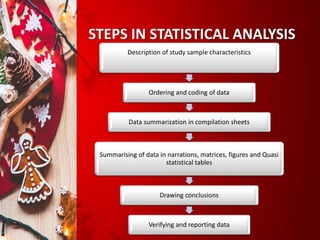STEPS IN STATISTICAL ANALYSIS
Description of study sample characteristics
Ordering and coding of data
Data summarization in compilation sheets
Summarising of data in narrations, matrices, figures and Quasi
statistical tables
Drawing conclusions
Verifying and reporting data
 