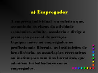 a) Empregador
A empresa individual ou coletiva que,
assumindo os riscos da atividade
econômica, admite, assalaria e dirige a
prestação pessoal de serviços.
Equiparam-se ao empregador os
profissionais liberais, as instituições de
beneficência, as associações recreativas
ou instituições sem fins lucrativos, que
admitem trabalhadores como
empregados.
 