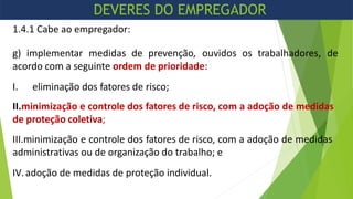 1.4.1 Cabe ao empregador:
g) implementar medidas de prevenção, ouvidos os trabalhadores, de
acordo com a seguinte ordem de prioridade:
I. eliminação dos fatores de risco;
II.minimização e controle dos fatores de risco, com a adoção de medidas
de proteção coletiva;
III.minimização e controle dos fatores de risco, com a adoção de medidas
administrativas ou de organização do trabalho; e
IV.adoção de medidas de proteção individual.
DEVERES DO EMPREGADOR
 