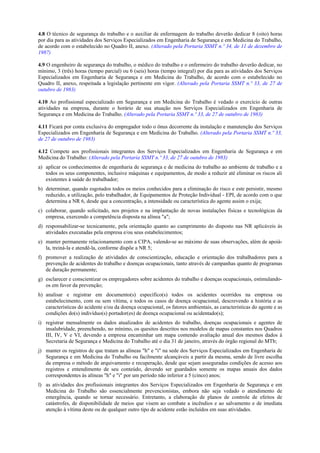 4.8 O técnico de segurança do trabalho e o auxiliar de enfermagem do trabalho deverão dedicar 8 (oito) horas
por dia para as atividades dos Serviços Especializados em Engenharia de Segurança e em Medicina do Trabalho,
de acordo com o estabelecido no Quadro II, anexo. (Alterado pela Portaria SSMT n.º 34, de 11 de dezembro de
1987)
4.9 O engenheiro de segurança do trabalho, o médico do trabalho e o enfermeiro do trabalho deverão dedicar, no
mínimo, 3 (três) horas (tempo parcial) ou 6 (seis) horas (tempo integral) por dia para as atividades dos Serviços
Especializados em Engenharia de Segurança e em Medicina do Trabalho, de acordo com o estabelecido no
Quadro II, anexo, respeitada a legislação pertinente em vigor. (Alterado pela Portaria SSMT n.º 33, de 27 de
outubro de 1983)
4.10 Ao profissional especializado em Segurança e em Medicina do Trabalho é vedado o exercício de outras
atividades na empresa, durante o horário de sua atuação nos Serviços Especializados em Engenharia de
Segurança e em Medicina do Trabalho. (Alterado pela Portaria SSMT n.º 33, de 27 de outubro de 1983)
4.11 Ficará por conta exclusiva do empregador todo o ônus decorrente da instalação e manutenção dos Serviços
Especializados em Engenharia de Segurança e em Medicina do Trabalho. (Alterado pela Portaria SSMT n.º 33,
de 27 de outubro de 1983)
4.12 Compete aos profissionais integrantes dos Serviços Especializados em Engenharia de Segurança e em
Medicina do Trabalho: (Alterado pela Portaria SSMT n.º 33, de 27 de outubro de 1983)
a) aplicar os conhecimentos de engenharia de segurança e de medicina do trabalho ao ambiente de trabalho e a
todos os seus componentes, inclusive máquinas e equipamentos, de modo a reduzir até eliminar os riscos ali
existentes à saúde do trabalhador;
b) determinar, quando esgotados todos os meios conhecidos para a eliminação do risco e este persistir, mesmo
reduzido, a utilização, pelo trabalhador, de Equipamentos de Proteção Individual - EPI, de acordo com o que
determina a NR 6, desde que a concentração, a intensidade ou característica do agente assim o exija;
c) colaborar, quando solicitado, nos projetos e na implantação de novas instalações físicas e tecnológicas da
empresa, exercendo a competência disposta na alínea "a";
d) responsabilizar-se tecnicamente, pela orientação quanto ao cumprimento do disposto nas NR aplicáveis às
atividades executadas pela empresa e/ou seus estabelecimentos;
e) manter permanente relacionamento com a CIPA, valendo-se ao máximo de suas observações, além de apoiá-
la, treiná-la e atendê-la, conforme dispõe a NR 5;
f) promover a realização de atividades de conscientização, educação e orientação dos trabalhadores para a
prevenção de acidentes do trabalho e doenças ocupacionais, tanto através de campanhas quanto de programas
de duração permanente;
g) esclarecer e conscientizar os empregadores sobre acidentes do trabalho e doenças ocupacionais, estimulando-
os em favor da prevenção;
h) analisar e registrar em documento(s) específico(s) todos os acidentes ocorridos na empresa ou
estabelecimento, com ou sem vítima, e todos os casos de doença ocupacional, descrevendo a história e as
características do acidente e/ou da doença ocupacional, os fatores ambientais, as características do agente e as
condições do(s) indivíduo(s) portador(es) de doença ocupacional ou acidentado(s);
i) registrar mensalmente os dados atualizados de acidentes do trabalho, doenças ocupacionais e agentes de
insalubridade, preenchendo, no mínimo, os quesitos descritos nos modelos de mapas constantes nos Quadros
III, IV, V e VI, devendo a empresa encaminhar um mapa contendo avaliação anual dos mesmos dados à
Secretaria de Segurança e Medicina do Trabalho até o dia 31 de janeiro, através do órgão regional do MTb;
j) manter os registros de que tratam as alíneas "h" e "i" na sede dos Serviços Especializados em Engenharia de
Segurança e em Medicina do Trabalho ou facilmente alcançáveis a partir da mesma, sendo de livre escolha
da empresa o método de arquivamento e recuperação, desde que sejam asseguradas condições de acesso aos
registros e entendimento de seu conteúdo, devendo ser guardados somente os mapas anuais dos dados
correspondentes às alíneas "h" e "i" por um período não inferior a 5 (cinco) anos;
l) as atividades dos profissionais integrantes dos Serviços Especializados em Engenharia de Segurança e em
Medicina do Trabalho são essencialmente prevencionistas, embora não seja vedado o atendimento de
emergência, quando se tornar necessário. Entretanto, a elaboração de planos de controle de efeitos de
catástrofes, de disponibilidade de meios que visem ao combate a incêndios e ao salvamento e de imediata
atenção à vítima deste ou de qualquer outro tipo de acidente estão incluídos em suas atividades.
 