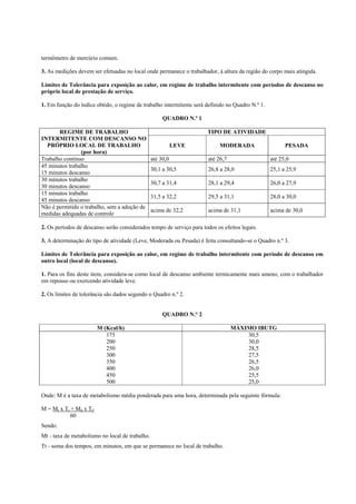 termômetro de mercúrio comum.
3. As medições devem ser efetuadas no local onde permanece o trabalhador, à altura da região do corpo mais atingida.
Limites de Tolerância para exposição ao calor, em regime de trabalho intermitente com períodos de descanso no
próprio local de prestação de serviço.
1. Em função do índice obtido, o regime de trabalho intermitente será definido no Quadro N.º 1.
QUADRO N.º 1
TIPO DE ATIVIDADEREGIME DE TRABALHO
INTERMITENTE COM DESCANSO NO
PRÓPRIO LOCAL DE TRABALHO
(por hora)
LEVE MODERADA PESADA
Trabalho contínuo até 30,0 até 26,7 até 25,0
45 minutos trabalho
15 minutos descanso
30,1 a 30,5 26,8 a 28,0 25,1 a 25,9
30 minutos trabalho
30 minutos descanso
30,7 a 31,4 28,1 a 29,4 26,0 a 27,9
15 minutos trabalho
45 minutos descanso
31,5 a 32,2 29,5 a 31,1 28,0 a 30,0
Não é permitido o trabalho, sem a adoção de
medidas adequadas de controle
acima de 32,2 acima de 31,1 acima de 30,0
2. Os períodos de descanso serão considerados tempo de serviço para todos os efeitos legais.
3. A determinação do tipo de atividade (Leve, Moderada ou Pesada) é feita consultando-se o Quadro n.º 3.
Limites de Tolerância para exposição ao calor, em regime de trabalho intermitente com período de descanso em
outro local (local de descanso).
1. Para os fins deste item, considera-se como local de descanso ambiente termicamente mais ameno, com o trabalhador
em repouso ou exercendo atividade leve.
2. Os limites de tolerância são dados segundo o Quadro n.º 2.
QUADRO N.° 2
M (Kcal/h) MÁXIMO IBUTG
175
200
250
300
350
400
450
500
30,5
30,0
28,5
27,5
26,5
26,0
25,5
25,0
Onde: M é a taxa de metabolismo média ponderada para uma hora, determinada pela seguinte fórmula:
M = Mt x Tt + Md x Td
60
Sendo:
Mt - taxa de metabolismo no local de trabalho.
Tt - soma dos tempos, em minutos, em que se permanece no local de trabalho.
 