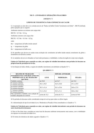 NR 15 - ATIVIDADES E OPERAÇÕES INSALUBRES
ANEXO N.º 3
LIMITES DE TOLERÂNCIA PARA EXPOSIÇÃO AO CALOR
1. A exposição ao calor deve ser avaliada através do "Índice de Bulbo Úmido Termômetro de Globo" - IBUTG definido
pelas equações que se seguem:
Ambientes internos ou externos sem carga solar:
IBUTG = 0,7 tbn + 0,3 tg
Ambientes externos com carga solar:
IBUTG = 0,7 tbn + 0,1 tbs + 0,2 tg
onde:
tbn = temperatura de bulbo úmido natural
tg = temperatura de globo
tbs = temperatura de bulbo seco.
2. Os aparelhos que devem ser usados nesta avaliação são: termômetro de bulbo úmido natural, termômetro de globo e
termômetro de mercúrio comum.
3. As medições devem ser efetuadas no local onde permanece o trabalhador, à altura da região do corpo mais atingida.
Limites de Tolerância para exposição ao calor, em regime de trabalho intermitente com períodos de descanso no
próprio local de prestação de serviço.
1. Em função do índice obtido, o regime de trabalho intermitente será definido no Quadro N.º 1.
QUADRO N.º 1
TIPO DE ATIVIDADEREGIME DE TRABALHO
INTERMITENTE COM DESCANSO NO
PRÓPRIO LOCAL DE TRABALHO
(por hora)
LEVE MODERADA PESADA
Trabalho contínuo até 30,0 até 26,7 até 25,0
45 minutos trabalho
15 minutos descanso
30,1 a 30,5 26,8 a 28,0 25,1 a 25,9
30 minutos trabalho
30 minutos descanso
30,7 a 31,4 28,1 a 29,4 26,0 a 27,9
15 minutos trabalho
45 minutos descanso
31,5 a 32,2 29,5 a 31,1 28,0 a 30,0
Não é permitido o trabalho, sem a adoção de
medidas adequadas de controle
acima de 32,2 acima de 31,1 acima de 30,0
2. Os períodos de descanso serão considerados tempo de serviço para todos os efeitos legais.
3. A determinação do tipo de atividade (Leve, Moderada ou Pesada) é feita consultando-se o Quadro n.º 3.
Limites de Tolerância para exposição ao calor, em regime de trabalho intermitente com período de descanso em
outro local (local de descanso).
1. Para os fins deste item, considera-se como local de descanso ambiente termicamente mais ameno, com o trabalhador
em repouso ou exercendo atividade leve.
2. Os limites de tolerância são dados segundo o Quadro n.º 2.
 