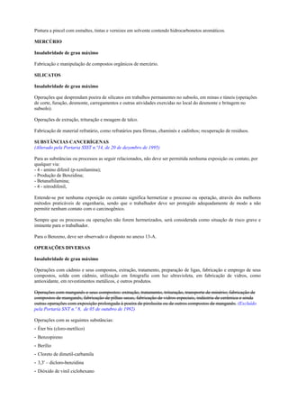 Pintura a pincel com esmaltes, tintas e vernizes em solvente contendo hidrocarbonetos aromáticos.
MERCÚRIO
Insalubridade de grau máximo
Fabricação e manipulação de compostos orgânicos de mercúrio.
SILICATOS
Insalubridade de grau máximo
Operações que desprendam poeira de silicatos em trabalhos permanentes no subsolo, em minas e túneis (operações
de corte, furação, desmonte, carregamentos e outras atividades exercidas no local do desmonte e britagem no
subsolo).
Operações de extração, trituração e moagem de talco.
Fabricação de material refratário, como refratários para fôrmas, chaminés e cadinhos; recuperação de resíduos.
SUBSTÂNCIAS CANCERÍGENAS
(Alterado pela Portaria SSST n.º14, de 20 de dezembro de 1995)
Para as substâncias ou processos as seguir relacionados, não deve ser permitida nenhuma exposição ou contato, por
qualquer via:
- 4 - amino difenil (p-xenilamina);
- Produção de Benzidina;
- Betanaftilamina;
- 4 - nitrodifenil,
Entende-se por nenhuma exposição ou contato significa hermetizar o processo ou operação, através dos melhores
métodos praticáveis de engenharia, sendo que o trabalhador deve ser protegido adequadamente de modo a não
permitir nenhum contato com o carcinogênico.
Sempre que os processos ou operações não forem hermetizados, será considerada como situação de risco grave e
iminente para o trabalhador.
Para o Benzeno, deve ser observado o disposto no anexo 13-A.
OPERAÇÕES DIVERSAS
Insalubridade de grau máximo
Operações com cádmio e seus compostos, extração, tratamento, preparação de ligas, fabricação e emprego de seus
compostos, solda com cádmio, utilização em fotografia com luz ultravioleta, em fabricação de vidros, como
antioxidante, em revestimentos metálicos, e outros produtos.
Operações com manganês e seus compostos: extração, tratamento, trituração, transporte de minério; fabricação de
compostos de manganês, fabricação de pilhas secas, fabricação de vidros especiais, indústria de cerâmica e ainda
outras operações com exposição prolongada à poeira de pirolusita ou de outros compostos de manganês. (Excluído
pela Portaria SNT n.º 8, de 05 de outubro de 1992)
Operações com as seguintes substâncias:
- Éter bis (cloro-metílico)
- Benzopireno
- Berílio
- Cloreto de dimetil-carbamila
- 3,3' – dicloro-benzidina
- Dióxido de vinil ciclohexano
 