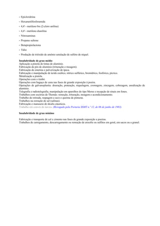 - Epicloridrina
- Hexametilfosforamida
- 4,4' - metileno bis (2-cloro anilina)
- 4,4' - metileno dianilina
- Nitrosaminas
- Propano sultone
- Betapropiolactona
- Tálio
- Produção de trióxido de amônio ustulação de sulfeto de níquel.
Insalubridade de grau médio
Aplicação a pistola de tintas de alumínio.
Fabricação de pós de alumínio (trituração e moagem).
Fabricação de emetina e pulverização de ipeca.
Fabricação e manipulação de ácido oxálico, nítrico sulfúrico, bromídrico, fosfórico, pícrico.
Metalização a pistola.
Operações com o timbó.
Operações com bagaço de cana nas fases de grande exposição à poeira.
Operações de galvanoplastia: douração, prateação, niquelagem, cromagem, zincagem, cobreagem, anodização de
alumínio.
Telegrafia e radiotelegrafia, manipulação em aparelhos do tipo Morse e recepção de sinais em fones.
Trabalhos com escórias de Thomás: remoção, trituração, moagem e acondicionamento.
Trabalho de retirada, raspagem a seco e queima de pinturas.
Trabalhos na extração de sal (salinas).
Fabricação e manuseio de álcalis cáusticos.
Trabalho em convés de navios. (Revogado pela Portaria SSMT n.º 12, de 06 de junho de 1983)
Insalubridade de grau mínimo
Fabricação e transporte de cal e cimento nas fases de grande exposição a poeiras.
Trabalhos de carregamento, descarregamento ou remoção de enxofre ou sulfitos em geral, em sacos ou a granel.
 