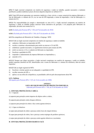 3
6.9.2 O órgão nacional competente em matéria de segurança e saúde no trabalho, quando necessário e mediante
justificativa, poderá estabelecer prazos diversos daqueles dispostos no subitem 6.9.1.
6.9.3 Todo EPI deverá apresentar em caracteres indeléveis e bem visíveis, o nome comercial da empresa fabricante, o
lote de fabricação e o número do CA, ou, no caso de EPI importado, o nome do importador, o lote de fabricação e o
número do CA.
6.9.3.1 Na impossibilidade de cumprir o determinado no item 6.9.3, o órgão nacional competente em matéria de
segurança e saúde no trabalho poderá autorizar forma alternativa de gravação, a ser proposta pelo fabricante ou
importador, devendo esta constar do CA.
6.10 (Excluído pela Portaria SIT n.º 194, de 07 de dezembro de 2010)
6.10.1 (Excluído pela Portaria SIT n.º 194, de 07 de dezembro de 2010)
6.11 Da competência do Ministério do Trabalho e Emprego / MTE
6.11.1 Cabe ao órgão nacional competente em matéria de segurança e saúde no trabalho:
a) cadastrar o fabricante ou importador de EPI;
b) receber e examinar a documentação para emitir ou renovar o CA de EPI;
c) estabelecer, quando necessário, os regulamentos técnicos para ensaios de EPI;
d) emitir ou renovar o CA e o cadastro de fabricante ou importador;
e) fiscalizar a qualidade do EPI;
f) suspender o cadastramento da empresa fabricante ou importadora; e,
g) cancelar o CA.
6.11.1.1 Sempre que julgar necessário o órgão nacional competente em matéria de segurança e saúde no trabalho,
poderá requisitar amostras de EPI, identificadas com o nome do fabricante e o número de referência, além de outros
requisitos.
6.11.2 Cabe ao órgão regional do MTE:
a) fiscalizar e orientar quanto ao uso adequado e a qualidade do EPI;
b) recolher amostras de EPI; e,
c) aplicar, na sua esfera de competência, as penalidades cabíveis pelo descumprimento desta NR.
6.12 e Subitens
(Revogados pela Portaria SIT n.º 125, de 12 de novembro de 2009)
ANEXO I
LISTA DE EQUIPAMENTOS DE PROTEÇÃO INDIVIDUAL
(Alterado pela Portaria SIT n.º 194, de 07 de dezembro de 2010)
A - EPI PARA PROTEÇÃO DA CABEÇA
A.1 - Capacete
a) capacete para proteção contra impactos de objetos sobre o crânio;
b) capacete para proteção contra choques elétricos;
c) capacete para proteção do crânio e face contra agentes térmicos.
A.2 - Capuz ou balaclava
a) capuz para proteção do crânio e pescoço contra riscos de origem térmica;
b) capuz para proteção do crânio, face e pescoço contra respingos de produtos químicos;
c) capuz para proteção do crânio e pescoço contra agentes abrasivos e escoriantes.
B - EPI PARA PROTEÇÃO DOS OLHOS E FACE
 