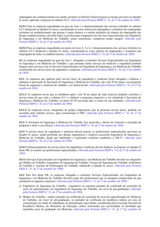empregados dos estabelecimentos no estado, território ou Distrito Federal alcance os limites previstos no Quadro
II, anexo, aplicado o disposto no subitem 4.2.2. (Alterado pela Portaria SSMT n.º 33, de 27 de outubro de 1983)
4.2.5.1 Para as empresas enquadradas no grau de risco 1 o dimensionamento dos serviços referidos no subitem
4.2.5 obedecerá ao Quadro II, anexo, considerando-se como número de empregados o somatório dos empregados
existentes no estabelecimento que possua o maior número e a média aritmética do número de empregados dos
demais estabelecimentos, devendo todos os profissionais integrantes dos Serviços Especializados em Engenharia
de Segurança e em Medicina do Trabalho, assim constituídos, cumprirem tempo integral. (Alterado pela
Portaria SSMT n.º 33, de 27 de outubro de 1983)
4.2.5.2 Para as empresas enquadradas nos graus de risco 2, 3 e 4, o dimensionamento dos serviços referidos no
subitem 4.2.5 obedecerá o Quadro II, anexo, considerando-se como número de empregados o somatório dos
empregados de todos os estabelecimentos. (Alterado pela Portaria SSMT n.º 33, de 27 de outubro de 1983)
4.3 As empresas enquadradas no grau de risco 1 obrigadas a constituir Serviços Especializados em Engenharia
de Segurança e em Medicina do Trabalho e que possuam outros serviços de medicina e engenharia poderão
integrar estes serviços com os Serviços Especializados em Engenharia de Segurança e em Medicina do Trabalho
constituindo um serviço único de engenharia e medicina. (Alterado pela Portaria SSMT n.º 33, de 27 de outubro
de 1983)
4.3.1 As empresas que optarem pelo serviço único de engenharia e medicina ficam obrigadas a elaborar e
submeter à aprovação da Secretaria de Segurança e Medicina do Trabalho, até o dia 30 de março, um programa
bienal de segurança e medicina do trabalho a ser desenvolvido. (Alterado pela Portaria SSMT n.º 33, de 27 de
outubro de 1983)
4.3.1.1 As empresas novas que se instalarem após o dia 30 de março de cada exercício poderão constituir o
serviço único de que trata o subitem 4.3.1 e elaborar o programa respectivo a ser submetido à Secretaria de
Segurança e Medicina do Trabalho, no prazo de 90 (noventa) dias a contar de sua instalação. (Alterado pela
Portaria SSMT n.º 33, de 27 de outubro de 1983)
4.3.1.2 As empresas novas, integrantes de grupos empresariais que já possuam serviço único, poderão ser
assistidas pelo referido serviço, após comunicação à DRT. (Alterado pela Portaria SSMT n.º 33, de 27 de
outubro de 1983)
4.3.2 À Secretaria de Segurança e Medicina do Trabalho fica reservado o direito de controlar a execução do
programa e aferir a sua eficácia. (Alterado pela Portaria SSMT n.º 33, de 27 de outubro de 1983)
4.3.3 O serviço único de engenharia e medicina deverá possuir os profissionais especializados previstos no
Quadro II, anexo, sendo permitido aos demais engenheiros e médicos exercerem Engenharia de Segurança e
Medicina do Trabalho, desde que habilitados e registrados conforme estabelece a NR-27. (Alterado pela
Portaria SSMT n.º 33, de 27 de outubro de 1983)
4.3.4 O dimensionamento do serviço único de engenharia e medicina deverá obedecer ao disposto no Quadro II
desta NR, no tocante aos profissionais especializados. (Alterado pela Portaria SSMT n.º 33, de 27 de outubro de
1983)
4.4 Os Serviços Especializados em Engenharia de Segurança e em Medicina do Trabalho deverão ser integrados
por Médico do Trabalho, Engenheiro de Segurança do Trabalho, Técnico de Segurança do Trabalho, Enfermeiro
do Trabalho e Auxiliar de Enfermagem do Trabalho, obedecido o Quadro II, anexo. (Alterado pela Portaria
DSST n.º 11, de 17 de setembro de 1990)
4.4.1 Para fins desta NR, as empresas obrigadas a constituir Serviços Especializados em Engenharia de
Segurança e em Medicina do Trabalho deverão exigir dos profissionais que os integram comprovação de que
satisfazem os seguintes requisitos: (Alterado pela Portaria DSST n.º 11, de 17 de setembro de 1990)
a) Engenheiro de Segurança do Trabalho - engenheiro ou arquiteto portador de certificado de conclusão de
curso de especialização em Engenharia de Segurança do Trabalho, em nível de pós-graduação; (Alterado
pela Portaria DSST n.º 11, de 17 de setembro de 1990)
b) Médico do Trabalho - médico portador de certificado de conclusão de curso de especialização em Medicina
do Trabalho, em nível de pós-graduação, ou portador de certificado de residência médica em área de
concentração em saúde do trabalhador ou denominação equivalente, reconhecida pela Comissão Nacional de
Residência Médica, do Ministério da Educação, ambos ministrados por universidade ou faculdade que
mantenha curso de graduação em Medicina; (Alterado pela Portaria DSST n.º 11, de 17 de setembro de
 