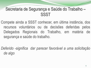 Secretaria de Segurança e Saúde do Trabalho –
SSST
Compete ainda a SSST conhecer, em última instância, dos
recursos voluntários ou de decisões deferidas pelos
Delegados Regionais do Trabalho, em matéria de
segurança e saúde do trabalho.
Deferido -significa dar parecer favorável a uma solicitação
de algo
6
 