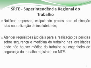 SRTE - Superintendência Regional do
Trabalho
oNotificar empresas, estipulando prazos para eliminação
e/ou neutralização de insalubridade;
oAtender requisições judiciais para a realização de perícias
sobre segurança e medicina do trabalho nas localidades
onde não houver médico do trabalho ou engenheiro de
segurança do trabalho registrado no MTE.
9
 
