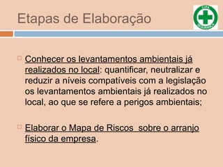 Etapas de Elaboração
 Conhecer os levantamentos ambientais já
realizados no local: quantificar, neutralizar e
reduzir a níveis compatíveis com a legislação
os levantamentos ambientais já realizados no
local, ao que se refere a perigos ambientais;
 Elaborar o Mapa de Riscos sobre o arranjo
físico da empresa.
 