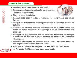 ATRIBUIÇÕES GERAIS
 Identificar os riscos do processo de trabalho;
 Realizar periodicamente verificação nos ambientes
e condições de trabalho;
 Elaborar plano de trabalho;
 Realizar após cada reunião, a verificação do cumprimento das metas
fixadas;
 Divulgar aos trabalhadores informações relativas à segurança e saúde no
trabalho;
 Colaborar no desenvolvimento e implementação do PCMSO, PPRA bem
como de outros programas de segurança e saúde desenvolvidos pela
empresa;
 Participar em conjunto com o SESMT da análise das causas das doenças
e acidentes do trabalho e propor medidas de solução dos problemas
identificados;
 Promover, anualmente, em conjunto com o SESMT, a Semana Interna de
Prevenção de Acidentes do Trabalho - SIPAT;
 Participar, anualmente, em conjunto com a empresa, de Campanhas
de Prevenção à AIDS e outros programas de saúde.
MÓDULOI
 