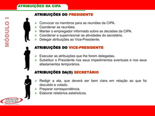 ATRIBUIÇÕES DA CIPA
ATRIBUIÇÕES DO PRESIDENTE
 Convocar os membros para as reuniões da CIPA.
 Coordenar as reuniões.
 Manter o empregador informado sobre as decisões da CIPA.
 Coordenar e supervisionar as atividades do secretário.
 Delegar atribuições ao Vice-Presidente.
ATRIBUIÇÕES DO VICE-PRESIDENTE
 Executar as atribuições que lhe forem delegadas.
 Substituir o Presidente nos seus impedimentos eventuais e nos seus
afastamentos temporários.
ATRIBUIÇÕES DA(O) SECRETÁRIO
 Redigir a ata, que deverá ser bem clara em relação ao que foi
discutido e votado.
 Preparar correspondência.
 Elaborar relatórios estatísticos.
MÓDULOI
 