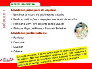 Atividades principais do cipeiro:
 Identificar os riscos de acidentes no trabalho
 Realizar verificações e inspeções nos locais de trabalho
 Planejar a SIPAT em conjunto com o SESMT
 Elaborar Mapa de Riscos e Plano de Trabalho
Atividades participativas:
 Participar
 Colaborar
 Divulgar
 Orientar
O PAPEL DO CIPEIROMÓDULOI
 