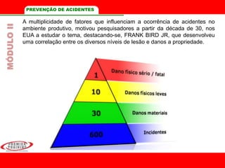 PREVENÇÃO DE ACIDENTESMÓDULOII
A multiplicidade de fatores que influenciam a ocorrência de acidentes no
ambiente produtivo, motivou pesquisadores a partir da década de 30, nos
EUA a estudar o tema, destacando-se, FRANK BIRD JR, que desenvolveu
uma correlação entre os diversos níveis de lesão e danos a propriedade.
 