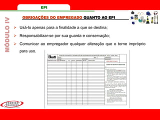 OBRIGAÇÕES DO EMPREGADO QUANTO AO EPI
 Usá-lo apenas para a finalidade a que se destina;
 Responsabilizar-se por sua guarda e conservação;
 Comunicar ao empregador qualquer alteração que o torne impróprio
para uso.
MÓDULOIV EPI
 
