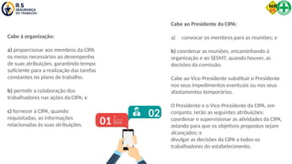 Cabe à organização:
a) proporcionar aos membros da CIPA
os meios necessários ao desempenho
de suas atribuições, garantindo tempo
suficiente para a realização das tarefas
constantes no plano de trabalho;
b) permitir a colaboração dos
trabalhadores nas ações da CIPA; e
c) fornecer à CIPA, quando
requisitadas, as informações
relacionadas às suas atribuições.
02
01
Cabe ao Presidente da CIPA:
a) convocar os membros para as reuniões; e
b) coordenar as reuniões, encaminhando à
organização e ao SESMT, quando houver, as
decisões da comissão.
Cabe ao Vice-Presidente substituir o Presidente
nos seus impedimentos eventuais ou nos seus
afastamentos temporários.
O Presidente e o Vice-Presidente da CIPA, em
conjunto, terão as seguintes atribuições:
coordenar e supervisionar as atividades da CIPA,
zelando para que os objetivos propostos sejam
alcançados; e
divulgar as decisões da CIPA a todos os
trabalhadores do estabelecimento.
 