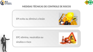 MEDIDAS TÉCNICAS DE CONTROLE DE RISCOS
EPI evita ou diminui a lesão
EPC elimina, neutraliza ou
sinaliza o risco
 