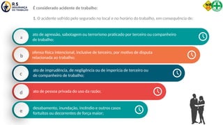 a
ato de agressão, sabotagem ou terrorismo praticado por terceiro ou companheiro
de trabalho;
b
ofensa física intencional, inclusive de terceiro, por motivo de disputa
relacionada ao trabalho;
c
ato de imprudência, de negligência ou de imperícia de terceiro ou
de companheiro de trabalho;
d ato de pessoa privada do uso da razão;
e
desabamento, inundação, incêndio e outros casos
fortuitos ou decorrentes de força maior;
É considerado acidente de trabalho:
1. O acidente sofrido pelo segurado no local e no horário do trabalho, em consequência de:
 