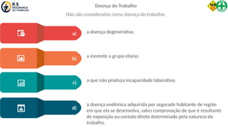 a doença degenerativa;
a inerente a grupo etário;
a que não produza incapacidade laborativa;
a doença endêmica adquirida por segurado habitante de região
em que ela se desenvolva, salvo comprovação de que é resultante
de exposição ou contato direto determinado pela natureza do
trabalho.
a)
b)
c)
d)
Doença do Trabalho
Não são consideradas como doença do trabalho:
 