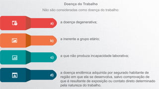 a doença degenerativa;
a inerente a grupo etário;
a que não produza incapacidade laborativa;
a doença endêmica adquirida por segurado habitante de
região em que ela se desenvolva, salvo comprovação de
que é resultante de exposição ou contato direto determinado
pela natureza do trabalho.
a)
b)
c)
d)
Doença do Trabalho
Não são consideradas como doença do trabalho:
 