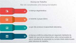 a doença degenerativa;
a inerente a grupo etário;
a que não produza incapacidade laborativa;
a doença endêmica adquirida por segurado habitante de
região em que ela se desenvolva, salvo comprovação de
que é resultante de exposição ou contato direto determinado
pela natureza do trabalho.
a)
b)
c)
d)
Doença do Trabalho
Não são consideradas como doença do trabalho:
 