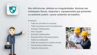 São deficiências, defeitos ou irregularidades técnicas nas
instalações físicas, máquinas e equipamentos que presentes
no ambiente podem causar acidentes de trabalho.
Exemplos:
• Falta de corrimão em escadas.
• Falta de guarda-corpo em patamares.
• Arranjos inadequados.
• Piso irregular.
• Escadas inadequadas.
• Equipamentos mal posicionados.
• Falta de sinalização.
• Falta de proteção em partes móveis.
• Ferramentas defeituosas.
• Falta de treinamento.
 