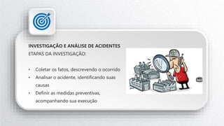 INVESTIGAÇÃO E ANÁLISE DE ACIDENTES
ETAPAS DA INVESTIGAÇÃO:
• Coletar os fatos, descrevendo o ocorrido
• Analisar o acidente, identificando suas
causas
• Definir as medidas preventivas,
acompanhando sua execução
 