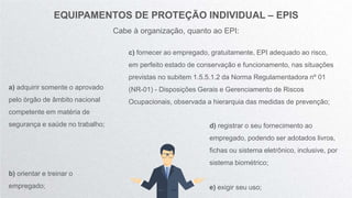 EQUIPAMENTOS DE PROTEÇÃO INDIVIDUAL – EPIS
Cabe à organização, quanto ao EPI:
a) adquirir somente o aprovado
pelo órgão de âmbito nacional
competente em matéria de
segurança e saúde no trabalho;
b) orientar e treinar o
empregado;
c) fornecer ao empregado, gratuitamente, EPI adequado ao risco,
em perfeito estado de conservação e funcionamento, nas situações
previstas no subitem 1.5.5.1.2 da Norma Regulamentadora nº 01
(NR-01) - Disposições Gerais e Gerenciamento de Riscos
Ocupacionais, observada a hierarquia das medidas de prevenção;
d) registrar o seu fornecimento ao
empregado, podendo ser adotados livros,
fichas ou sistema eletrônico, inclusive, por
sistema biométrico;
e) exigir seu uso;
 