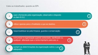 a
b
c
d
e
Cabe ao trabalhador, quanto ao EPI:
usar o fornecido pela organização, observado o disposto
no item 6.5.2;
utilizar apenas para a finalidade a que se destina;
responsabilizar-se pela limpeza, guarda e conservação;
comunicar à organização quando extraviado, danificado ou
qualquer alteração que o torne impróprio para uso; e
cumprir as determinações da organização sobre o uso
adequado.
 