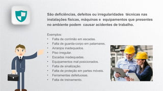 São deficiências, defeitos ou irregularidades técnicas nas
instalações físicas, máquinas e equipamentos que presentes
no ambiente podem causar acidentes de trabalho.
Exemplos:
• Falta de corrimão em escadas.
• Falta de guarda-corpo em patamares.
• Arranjos inadequados.
• Piso irregular.
• Escadas inadequadas.
• Equipamentos mal posicionados.
• Falta de sinalização.
• Falta de proteção em partes móveis.
• Ferramentas defeituosas.
• Falta de treinamento.
 