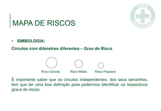 MAPA DE RISCOS
• SIMBOLOGIA:
Círculos com diâmetros diferentes – Grau do Risco
É importante saber que os círculos independentes, dos seus tamanhos,
tem que ter uma boa definição para podermos identificar os respectivos
graus de riscos.
 