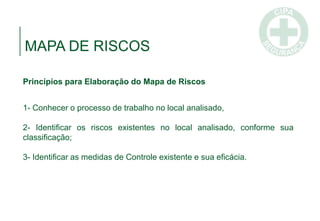 MAPA DE RISCOS
Princípios para Elaboração do Mapa de Riscos
1- Conhecer o processo de trabalho no local analisado,
2- Identificar os riscos existentes no local analisado, conforme sua
classificação;
3- Identificar as medidas de Controle existente e sua eficácia.
 