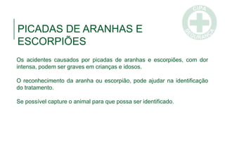 PICADAS DE ARANHAS E
ESCORPIÕES
Os acidentes causados por picadas de aranhas e escorpiões, com dor
intensa, podem ser graves em crianças e idosos.
O reconhecimento da aranha ou escorpião, pode ajudar na identificação
do tratamento.
Se possível capture o animal para que possa ser identificado.
 