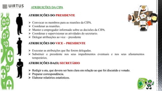 ATRIBUIÇÕES DA CIPA
ATRIBUIÇÕES DO PRESIDENTE
 Convocar os membros para as reuniões da CIPA.
 Coordenar as reuniões.
 Manter o empregador informado sobre as decisões da CIPA.
 Coordenar e supervisionar as atividades do secretario.
 Delegar atribuições ao vice – presidente
ATRIBUIÇÕES DO VICE – PRESIDENTE
 Executar as atribuições que lhe forem delegadas.
 Substituir o presidente nos seus impedimentos eventuais e nos seus afastamentos
temporários.
ATRIBUIÇÕES DA(O) SECRETÁRIO
 Redigir a ata, que devera ser bem clara em relação ao que foi discutido e votado.
 Preparar correspondência.
 Elaborar relatórios estatísticos.
 