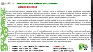 INVESTIGAÇÃO E ANÁLISE DE ACIDENTES
ANÁLISE DE CASOS
Carlos realizava em toa a maquina Offset. Para executar a tarefa, e equilibrava- se sobre uma escada improvisada, e
utilizava, uma flanela encharcada de solvente para retirar a sujeira. Ele havia utilizado dois litros de solvente ate o
momento e o vapor do solvente já estava irritando seus olhos e narinas. Ele já estava limpando a maquina a mais de 1 hora,
e já estava próximo de acabar seu expediente, por esta razão aplicava maior quantidade de solvente
Carlos estava irritado por estar realizando esta tarefa sozinho, quando deveria ser realizada por duas pessoas como era
de costume. Momentaneamente, a sua atenção foi desviada devido seus colegas de trabalho passarem pelo local fazendo
algazarra. Ao desviar a atenção. Ele se desequilibrou e derrubou solvente sobre o corpo todo e, neste mesmo instante,
ele voltou o rosto para ver o que ocorria, vindo a ser atingido por gotas de solvente nos olhos
Com um grito, largou o recipiente com solvente, pôs as mãos no rosto, perdeu o equilíbrio e caiu, quebrando a perna
esquerda. Um acontecimento semelhante ocorrido a um ano atrás, nesta mesma empresa, determinava o uso de óculos
de proteção na execução desta tarefa. O óculos que Carlos deveria ter usado, estava sujo e quebrado, pendurado em um
prego. O encarregado de Carlos, quando questionado a respeito do procedimento de segurança informou que não
ocorrera nenhum acidente nos últimos messes e que o pessoal não gostava de usar os óculos. Por esta razão, ele não se
preocupava em o uso deste EPI, principalmente devido ter coisas mais importantes a fazer.
• DEFINA OS ATOS E CONDIÇÕES INSEGURAS
• DEFINAAS CAUSAS DA LESÃO
• DEFINAAS FALHAS DA SUPERVISÃO
ESTABELEÇA:
MEDIDAS CORRETIVAS
MEDITAS DE PROTEÇÃO
 