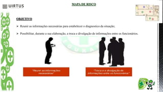 MAPA DE RISCO
OBJETIVO
 Reunir as informações necessárias para estabelecer o diagnostico da situação;
 Possibilitar, durante a sua elaboração, a troca e divulgação de informações entre os funcionários.
 