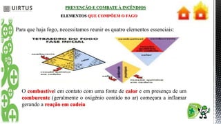 PREVENÇÃO E COMBATE À INCÊNDIOS
ELEMENTOS QUE COMPÕEM O FAGO
Para que haja fogo, necessitamos reunir os quatro elementos essenciais:
O combustível em contato com uma fonte de calor e em presença de um
comburente (geralmente o oxigênio contido no ar) começara a inflamar
gerando a reação em cadeia
 
