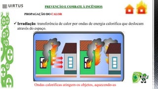 PROPAGAÇÃO DO CALOR
PREVENÇÃO E COMBATE À INCÊNDIOS
 Irradiação: transferência de calor por ondas de energia calorifica que deslocam
através do espaço.
Ondas calorificas atingem os objetos, aquecendo-as
 