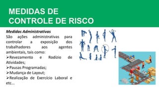 MEDIDAS DE
CONTROLE DE RISCO
Medidas Administrativas
São ações administrativas para
controlar a exposição dos
trabalhadores aos agentes
ambientais, tais como:
Revezamento e Rodízio de
Atividades;
Pausas Programadas;
Mudança de Layout;
Realização de Exercício Laboral e
etc...
 