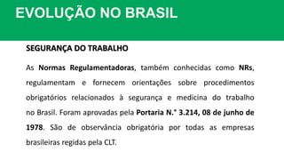 EVOLUÇÃO NO BRASIL
As Normas Regulamentadoras, também conhecidas como NRs,
regulamentam e fornecem orientações sobre procedimentos
obrigatórios relacionados à segurança e medicina do trabalho
no Brasil. Foram aprovadas pela Portaria N.° 3.214, 08 de junho de
1978. São de observância obrigatória por todas as empresas
brasileiras regidas pela CLT.
SEGURANÇA DO TRABALHO
 