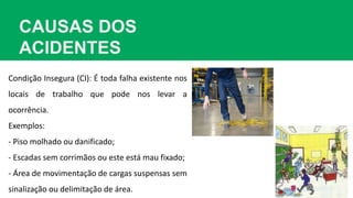 CAUSAS DOS
ACIDENTES
Condição Insegura (CI): É toda falha existente nos
locais de trabalho que pode nos levar a
ocorrência.
Exemplos:
- Piso molhado ou danificado;
- Escadas sem corrimãos ou este está mau fixado;
- Área de movimentação de cargas suspensas sem
sinalização ou delimitação de área.
 