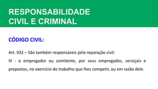 RESPONSABILIDADE
CIVIL E CRIMINAL
Art. 932 – São também responsáveis pela reparação civil:
III - o empregador ou comitente, por seus empregados, serviçais e
prepostos, no exercício do trabalho que lhes competir, ou em razão dele.
CÓDIGO CIVIL:
 