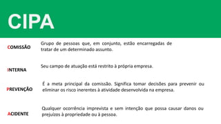 CIPA
COMISSÃO
INTERNA
PREVENÇÃO
ACIDENTE
Grupo de pessoas que, em conjunto, estão encarregadas de
tratar de um determinado assunto.
Seu campo de atuação está restrito à própria empresa.
É a meta principal da comissão. Significa tomar decisões para prevenir ou
eliminar os risco inerentes à atividade desenvolvida na empresa.
Qualquer ocorrência imprevista e sem intenção que possa causar danos ou
prejuízos à propriedade ou à pessoa.
 