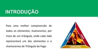 INTRODUÇÃO
Para uma melhor compreensão de
todos os elementos, ilustraremos, por
meio de um triângulo, onde cada lado
representará um dos elementos e o
chamaremos de Triângulo do Fogo.
 