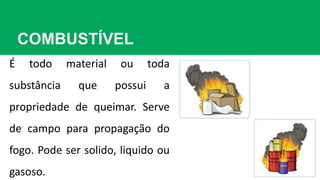 COMBUSTÍVEL
É todo material ou toda
substância que possui a
propriedade de queimar. Serve
de campo para propagação do
fogo. Pode ser solido, liquido ou
gasoso.
 